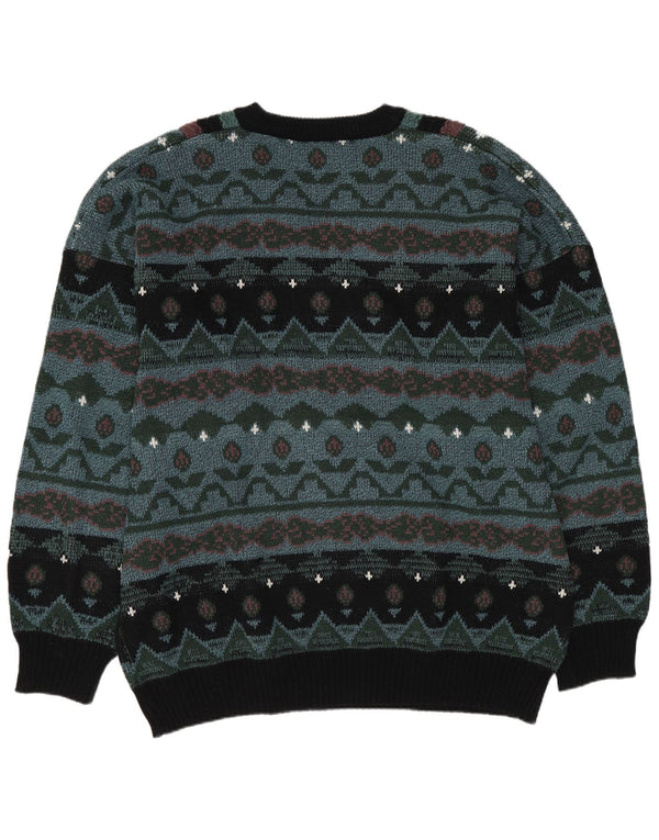 Vintage Homme Col V Pull Pull IT 60/62 3XL Vert Géométrique Rétro