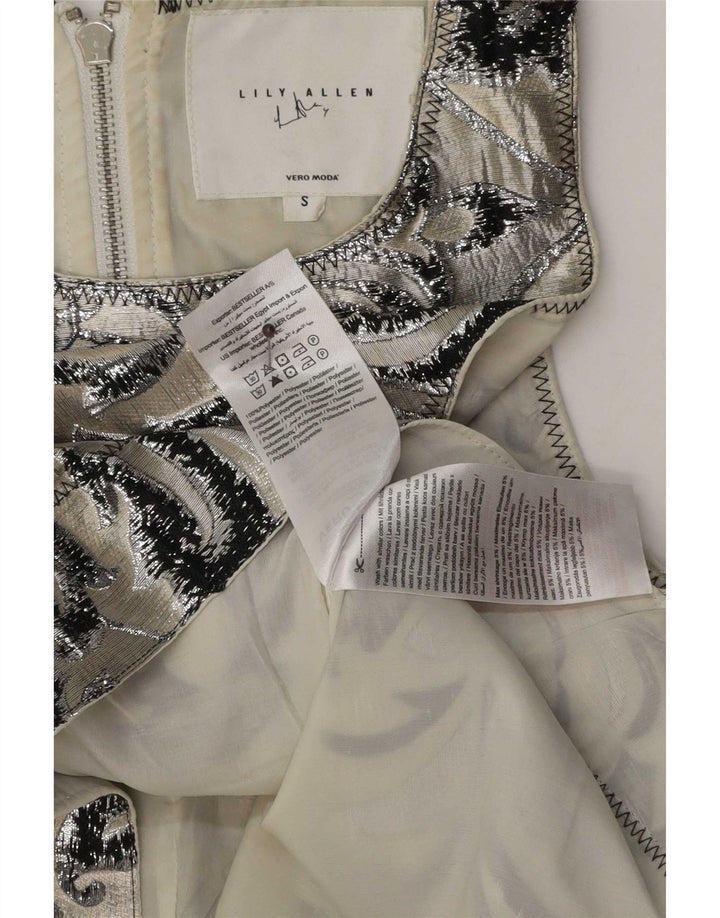 vintage Femmes Blouse Sans Manches Top UK 10 Petit Gris Paisley Polyester