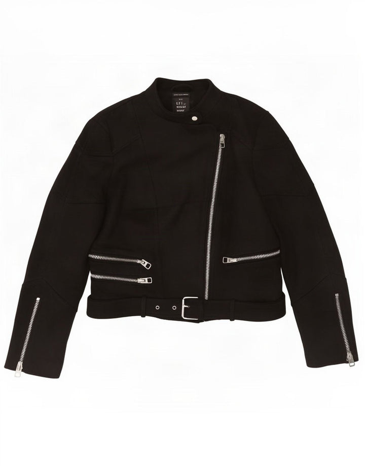 Zara Femmes Trafaluc Crop Biker Veste UK 12 Moyen Noir Polyester