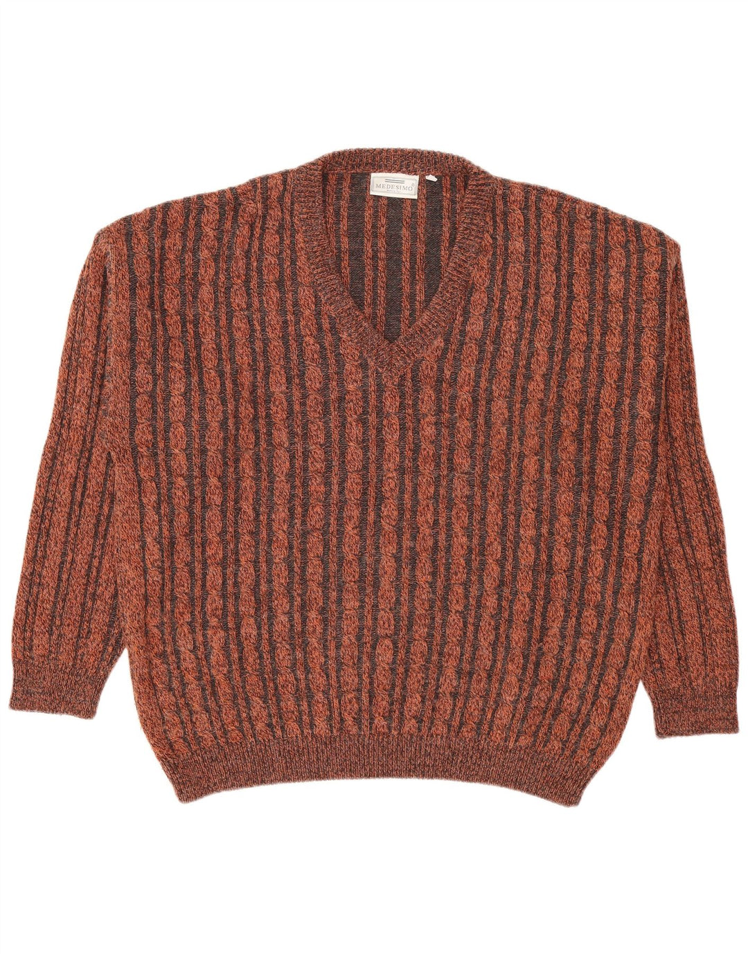 vintage Mens V-Col Jumper Pull Petit Marron Rayé