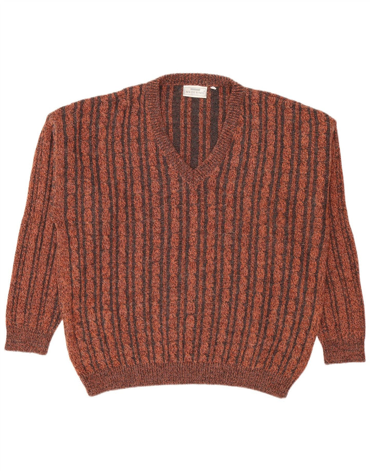 vintage Mens V-Col Jumper Pull Petit Marron Rayé