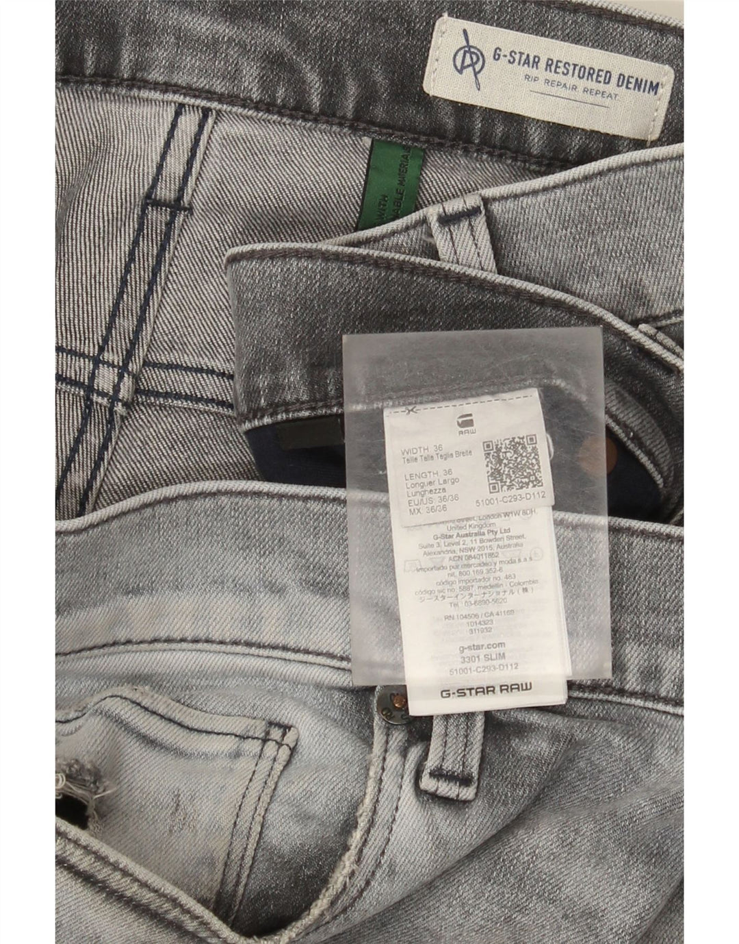 G-Star Homme 3301 Jean Slim effet vieilli W36 L36 Gris Coton