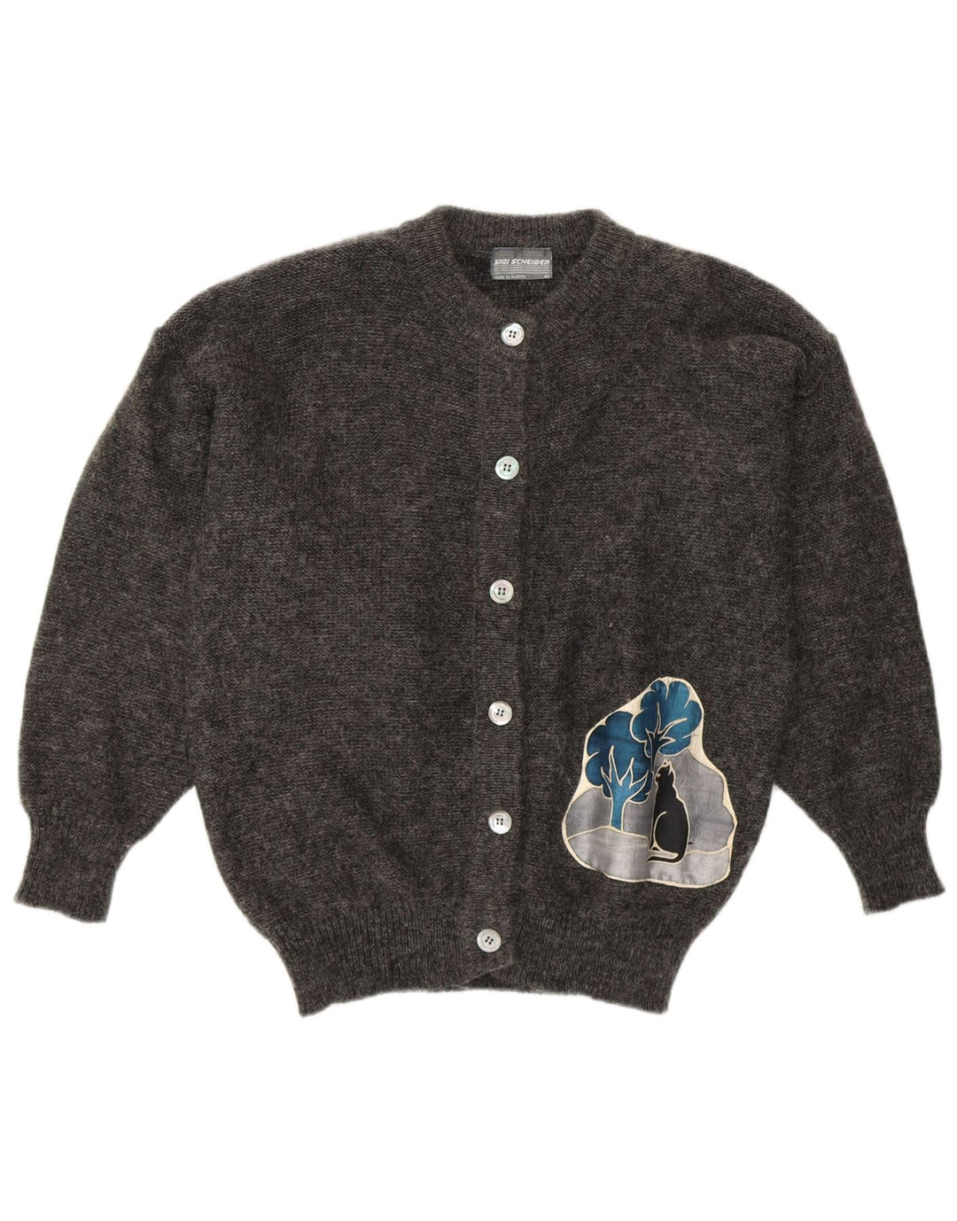 SIGI SCHEIBERG Pull Cardigan Graphique Femme EU 40 Gris Moyen Mohair