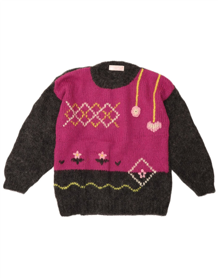 VINTAGE Femme Crew Neck Jumper Pull UK 14 Grand Gris Colorblock