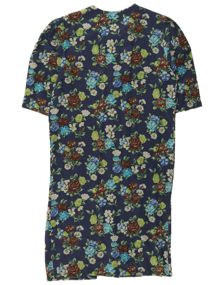 vintage Femme Shift Robe UK 12 Moyen Marine Bleu Floral Soie