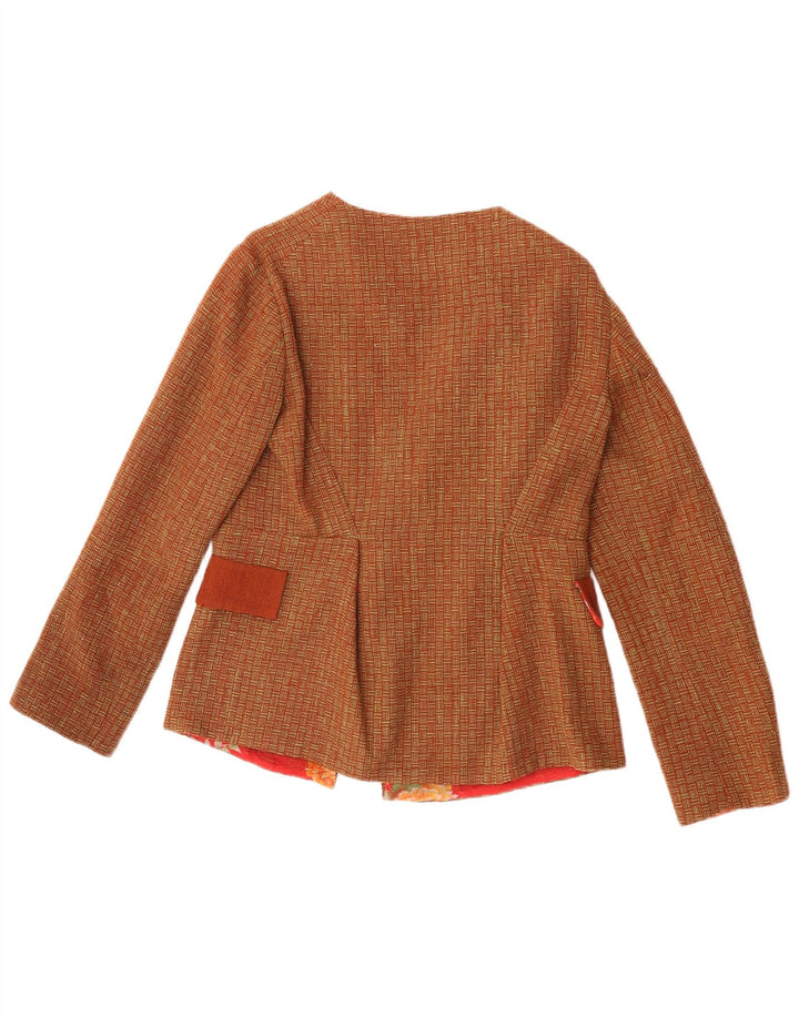 Fatto a Mano Veste Blazer Femme UK 8 Petite Laine Géométrique Marron