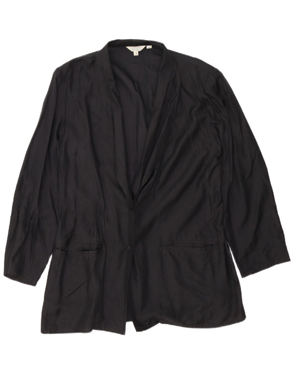 VINTAGE Femme 2 Bouton Blazer Veste EU 42 Grande Soie Noire