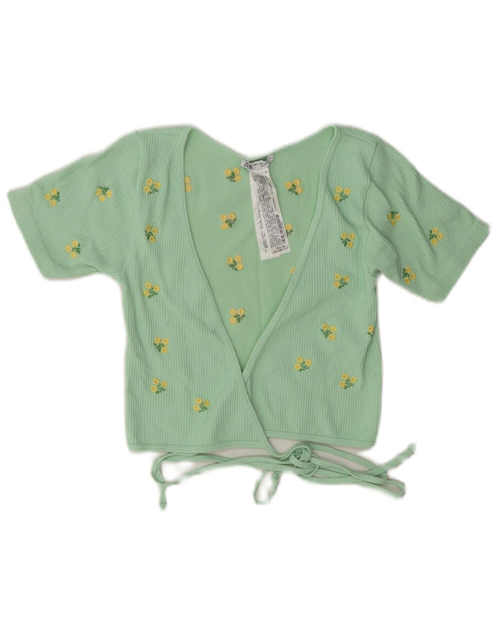 Zara Femme Wrap Cardigan Top UK 12 Medium Green Floral Polyamide