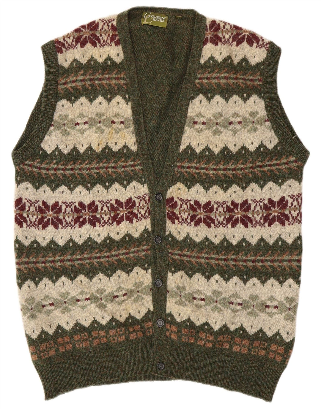 GREEN LEAVES Cardigan sans manches pour homme XL en laine Fair Isle verte