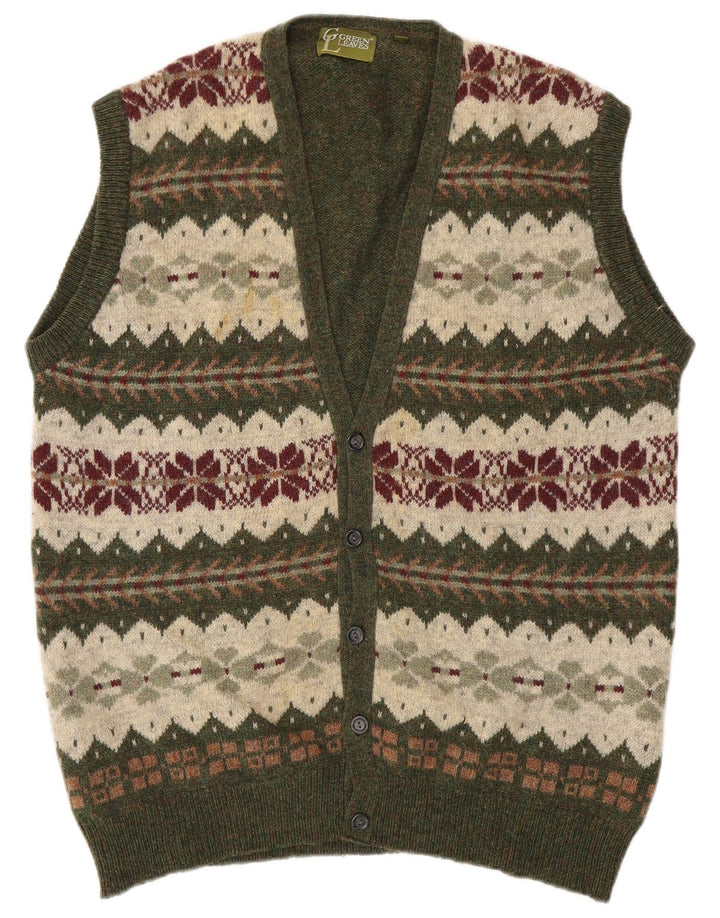 GREEN LEAVES Cardigan sans manches pour homme XL en laine Fair Isle verte