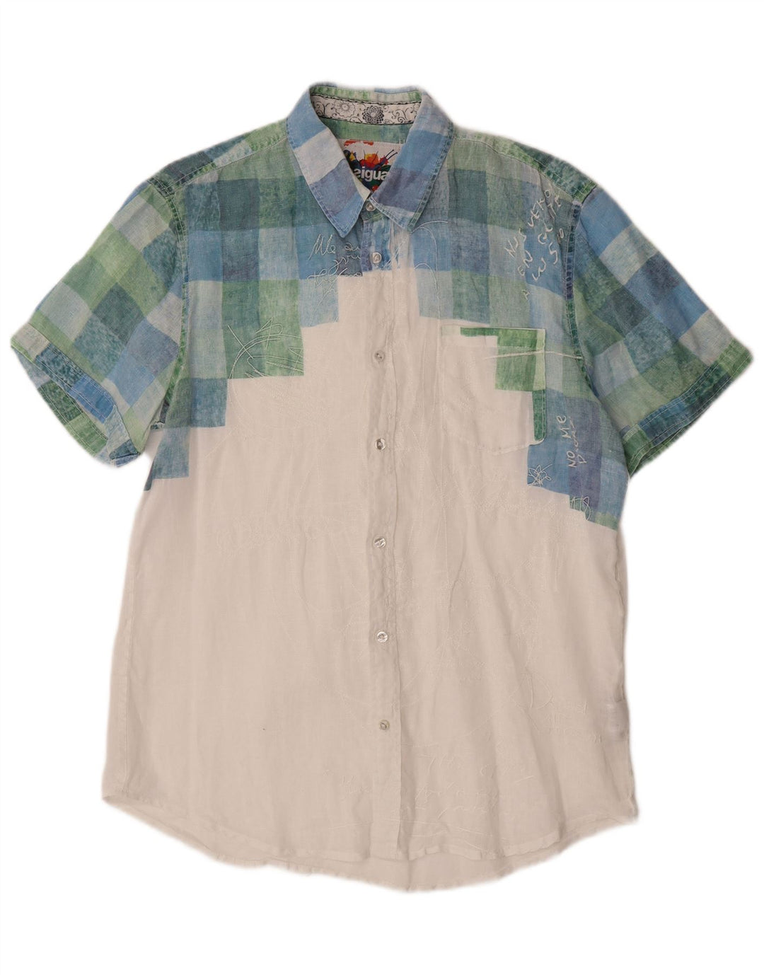 Desigual Chemise Graphique à Manches Courtes Homme Grand Carreau Blanc Lin