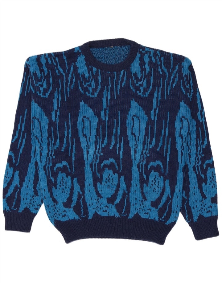vintage Mens Crew Neck Jumper Pull IT 50 Laine Géométrique Bleu Moyen