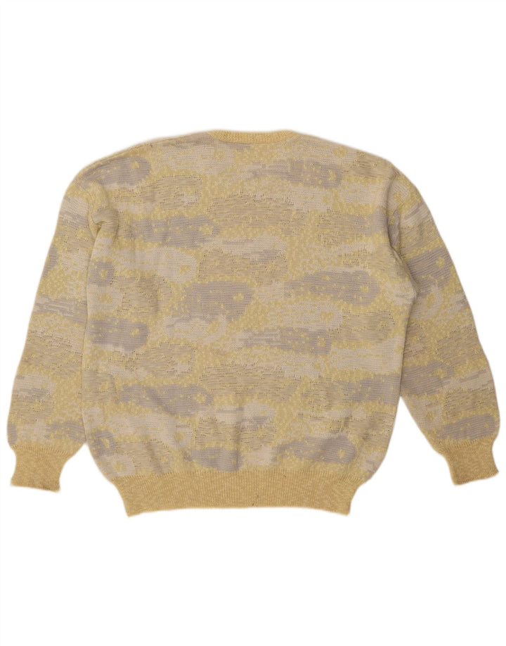 vintage Homme Motif Abstrait Ras du Cou Pull Pull IT 54 XL Jaune