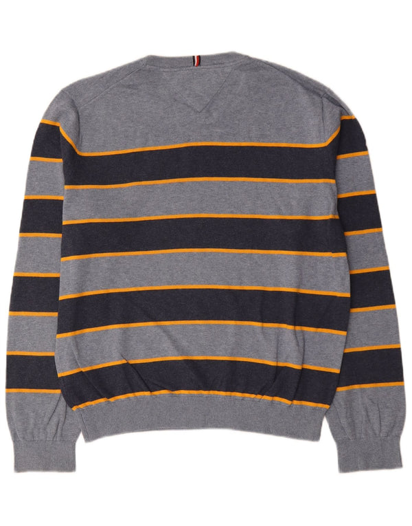Tommy Hilfiger Mens Crew Neck Jumper Sweater Large Blue Striped Cotton
