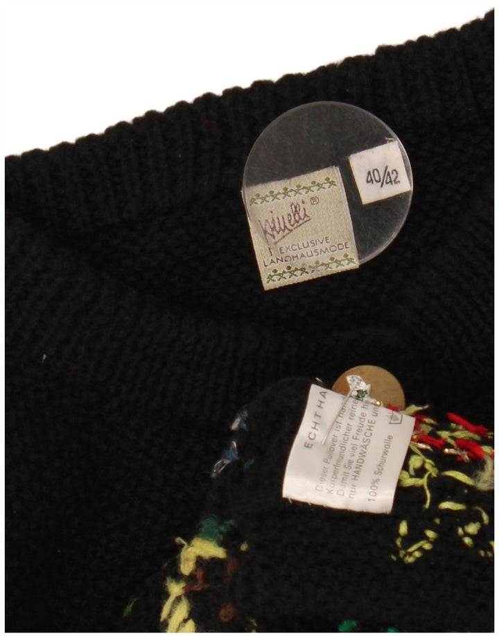 vintage Femme Cardigan Pull EU 40/42 Laine florale noire moyenne