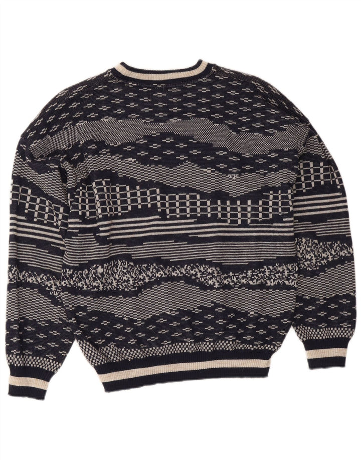 vintage Mens Crew Neck Jumper Pull Moyen Marine Bleu Géométrique Laine