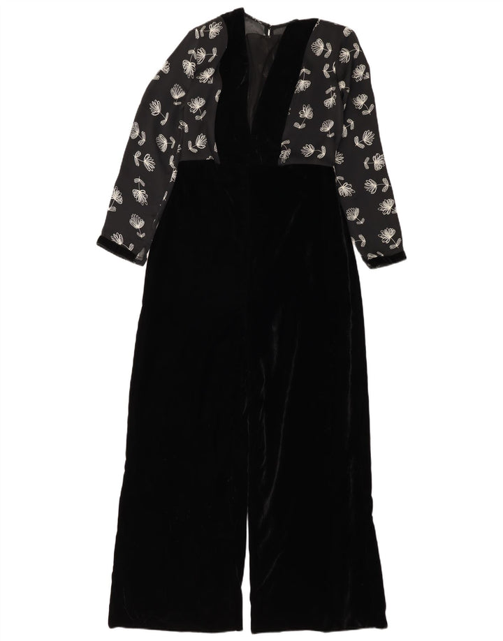 vintage Femme Velours Combinaison UK 12 Moyen Noir Floral Polyester