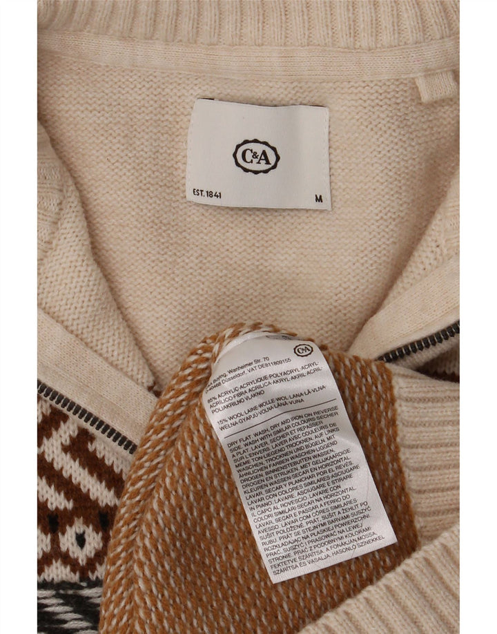 C & A Mens Zip Neck Jumper Sweater Medium Beige Fair Isle Acrylic Vintage C & A and Second-Hand C & A from Messina Hembry 