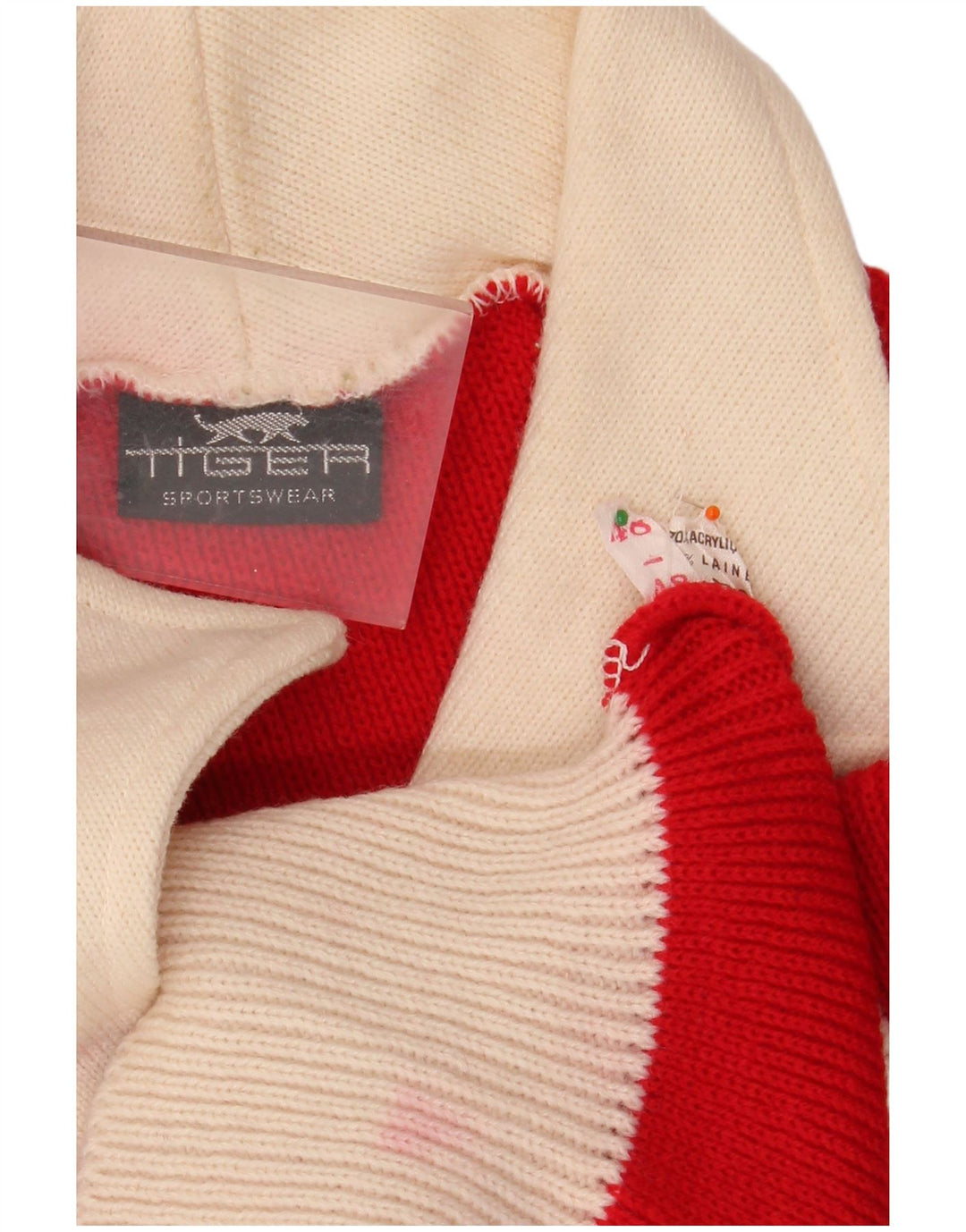 VINTAGE Pull col polo femme IT 48 XL Rouge Colorblock Acrylique