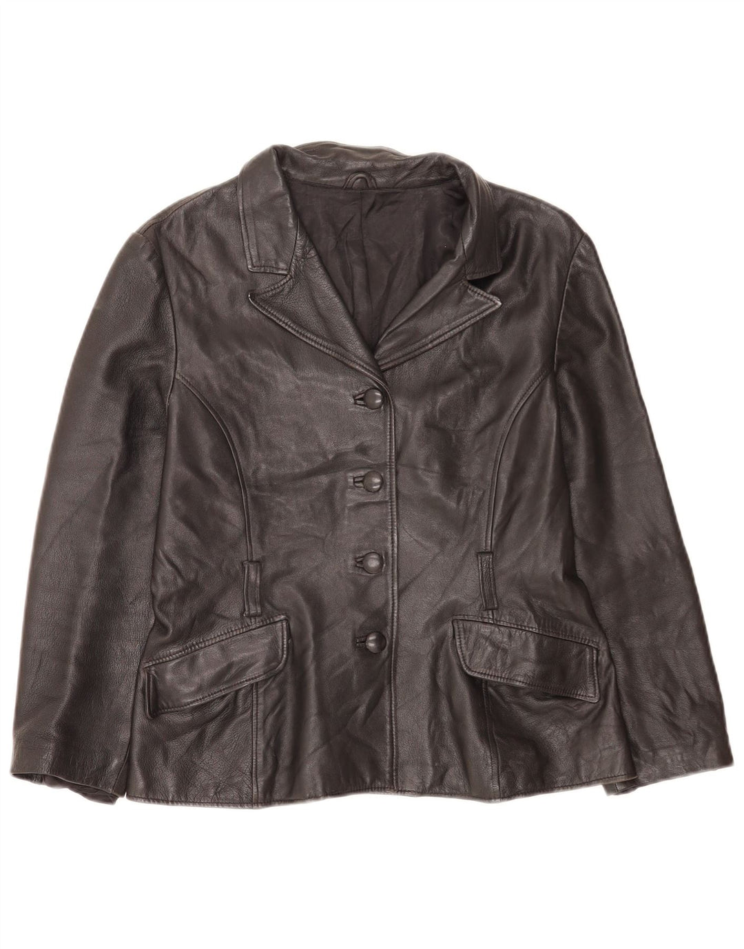 vintage Femme 4 Boutons Veste Blazer En Cuir UK 14 Moyen Noir Classique