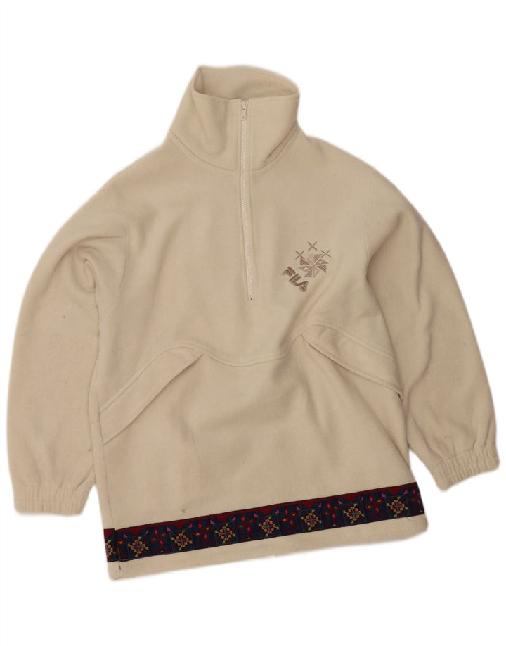 FILA Pull polaire graphique à col zippé pour femme IT 46 Large Blanc cassé géométrique