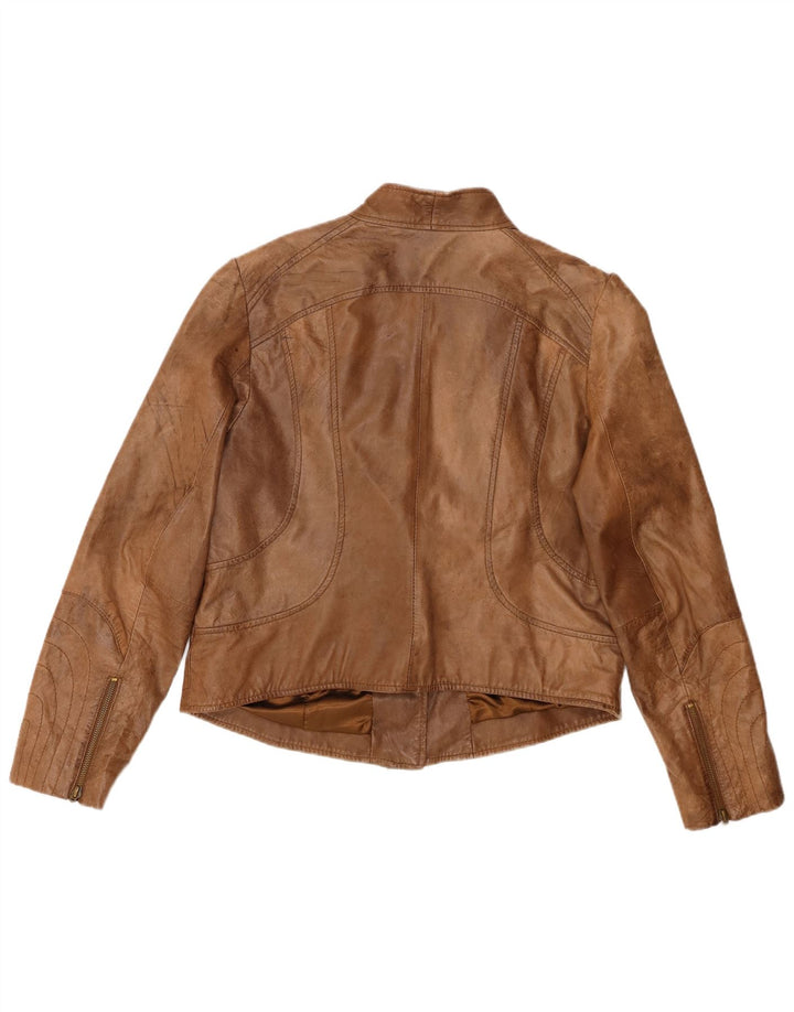 VINTAGE Veste motard en cuir crop femme UK 18 XL Cuir marron
