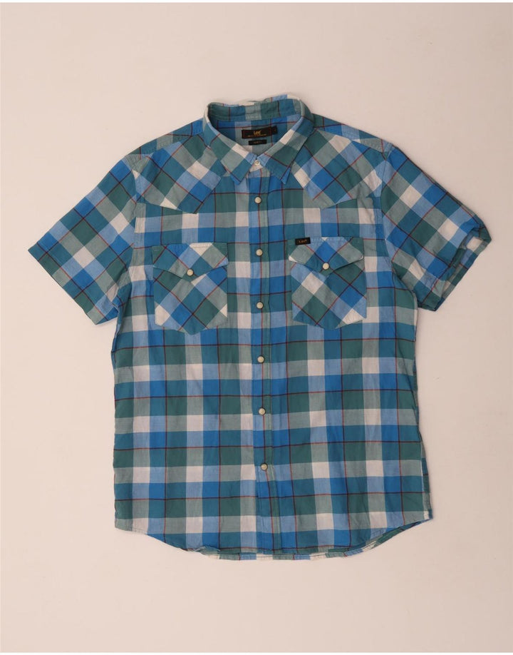 Lee Chemise ajustée à manches courtes pour homme en coton à carreaux bleus