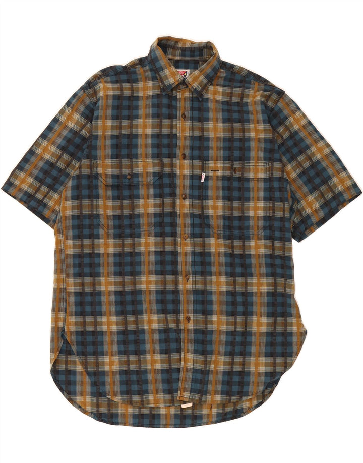ENRICO COVERI Mens Short Sleeve Shirt Size 40 Medium Blue Check Viscose Vintage Enrico Coveri and Second-Hand Enrico Coveri from Messina Hembry 