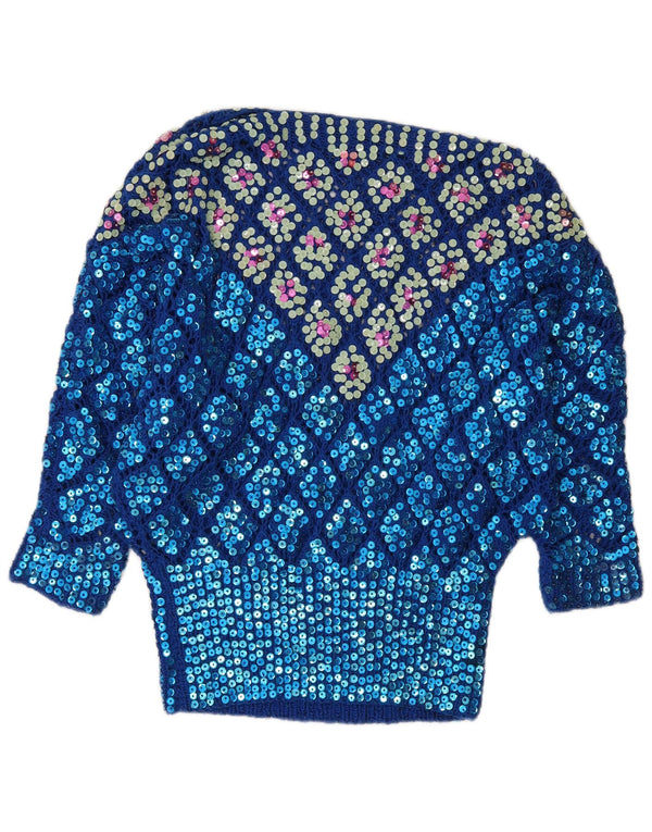 vintage Femme Bateau Cou Jumper Pull UK 12 Moyen Bleu Argyle/Diamant