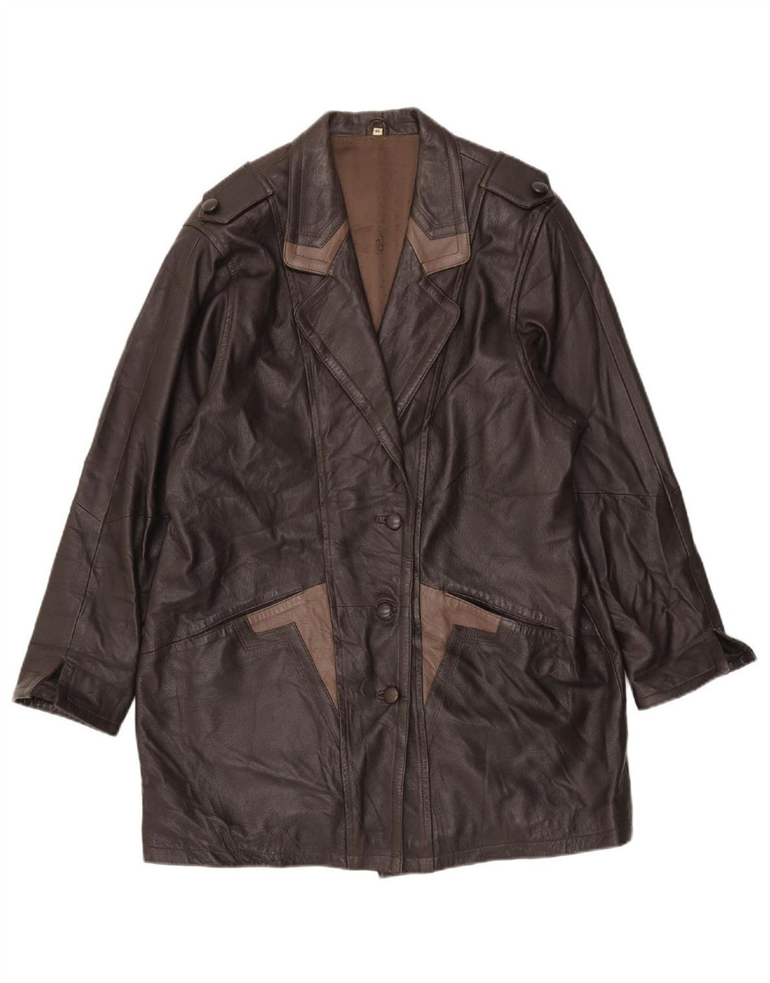 VINTAGE Womens Military Coat EU 40 Medium Brown Colourblock Leather