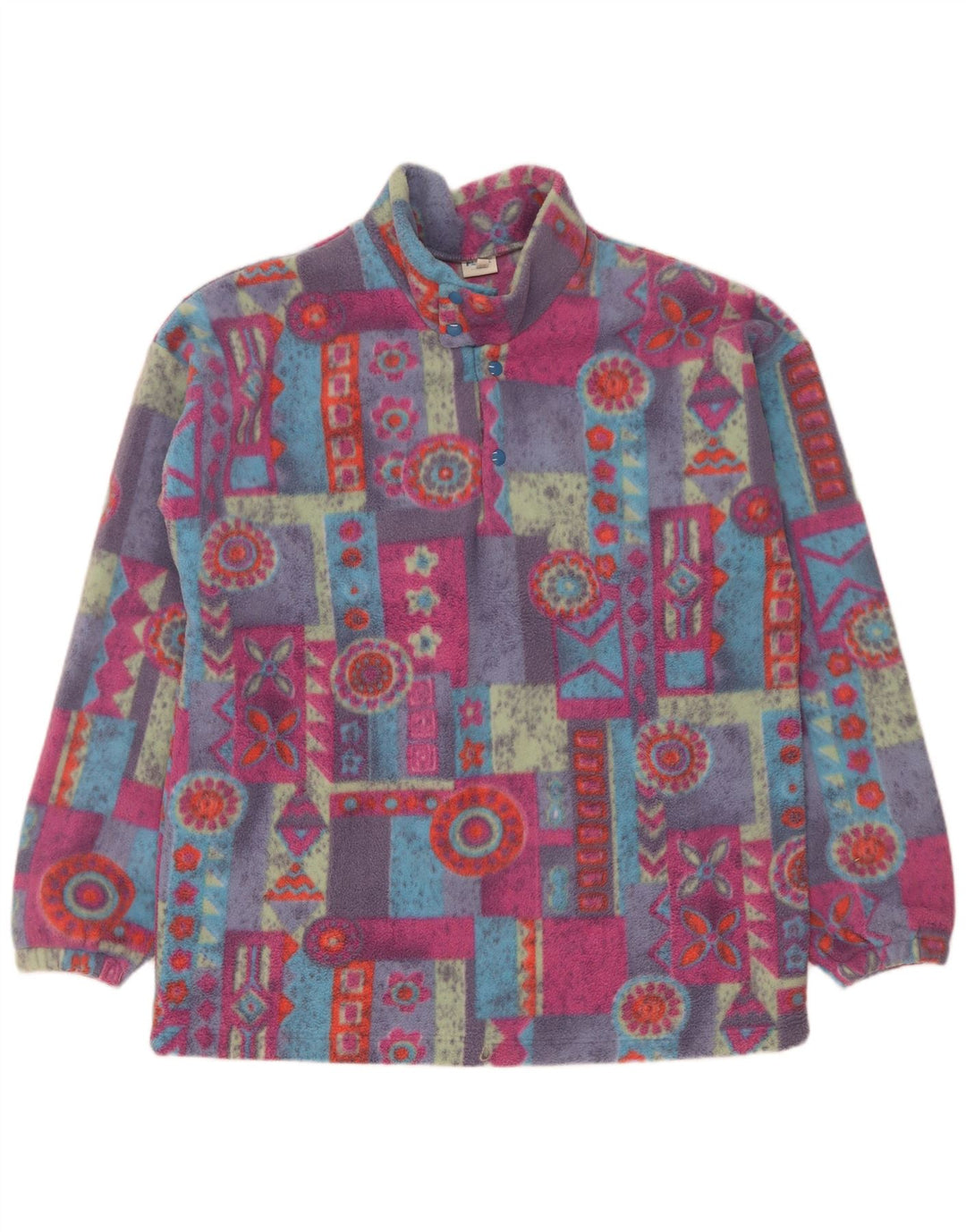 vintage Mens Button Neck Fleece Jumper XL Multicolore Géométrique Polyester