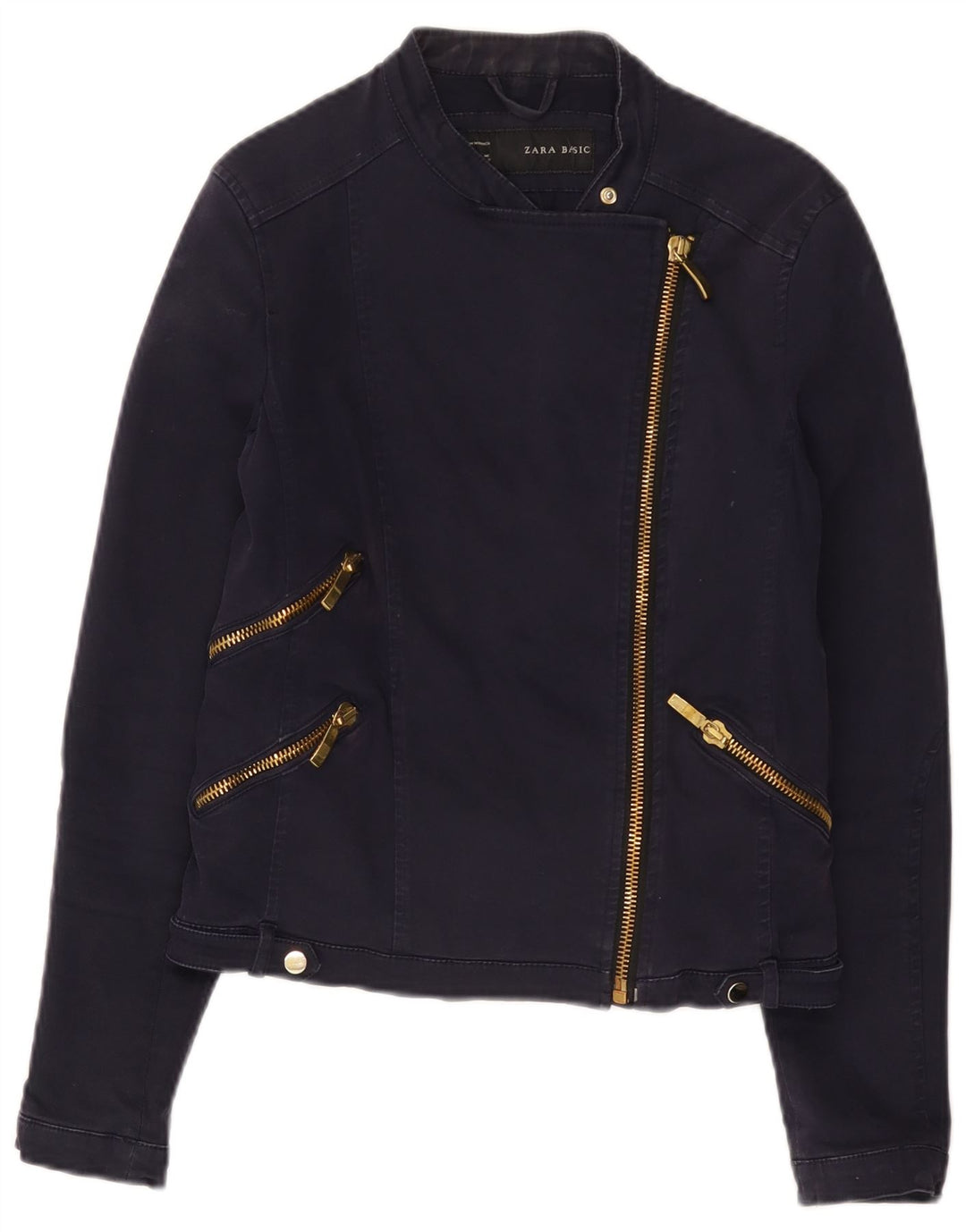 Zara Womens Crop Biker Jacket UK 14 Large Bleu Marine Coton