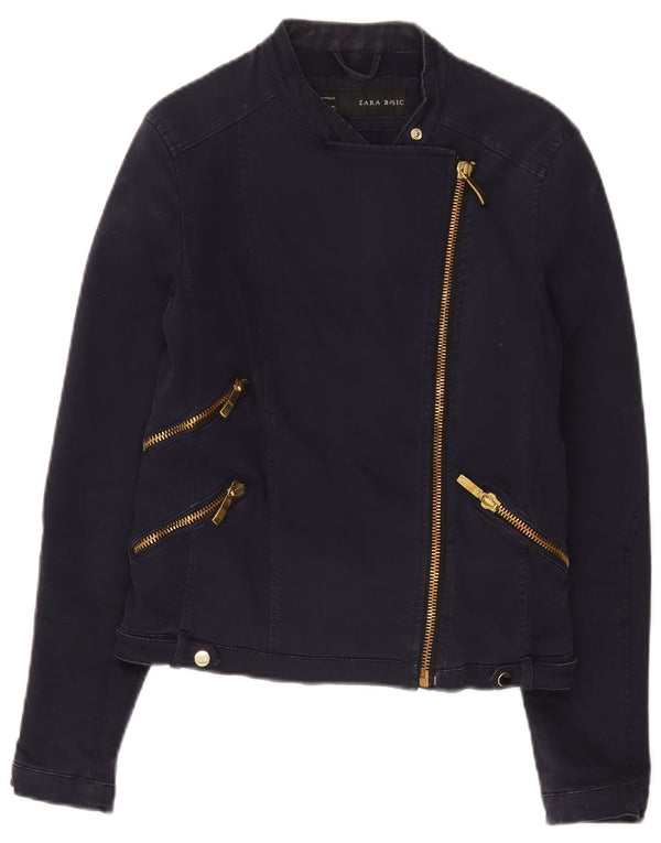 Zara Womens Crop Biker Jacket UK 14 Large Bleu Marine Coton