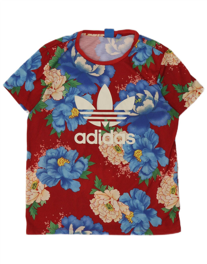 ADIDAS T-shirt graphique pour femme UK 14 Grand rouge floral en polyester