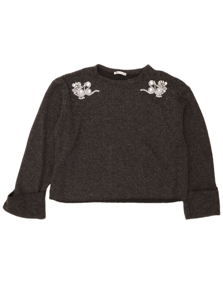 Zara Pull court surdimensionné à col rond pour femme UK 16 Large Gris