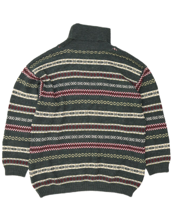 vintage Mens Roll Neck Jumper Pull Grand Vert Fair Isle