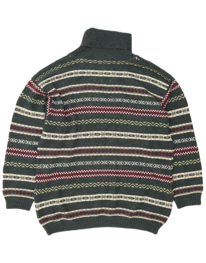 vintage Mens Roll Neck Jumper Pull Grand Vert Fair Isle
