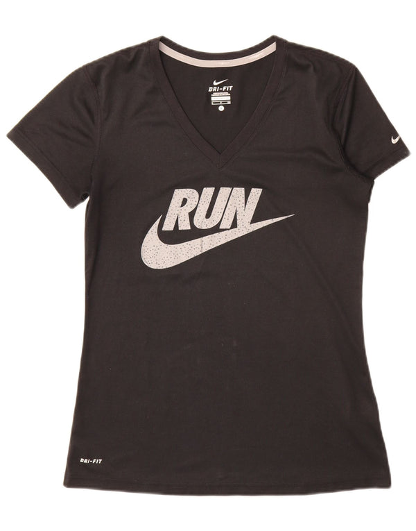 Nike Womens Dri Fit Graphic T-Shirt Top UK 10 Petit Noir Polyester
