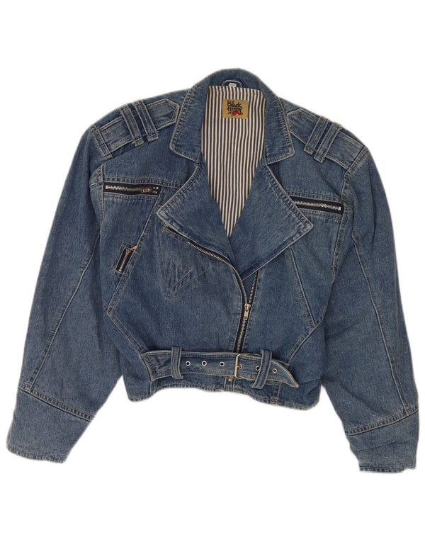 Vintage Womens Crop Denim Biker Jacket UK 12 Medium Blue Cotton