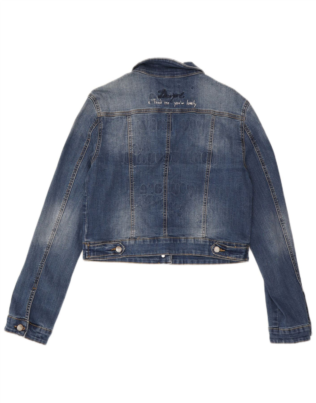 Desigual Femmes Graphic Crop Denim Jacket EU 42 Large Bleu Polyester