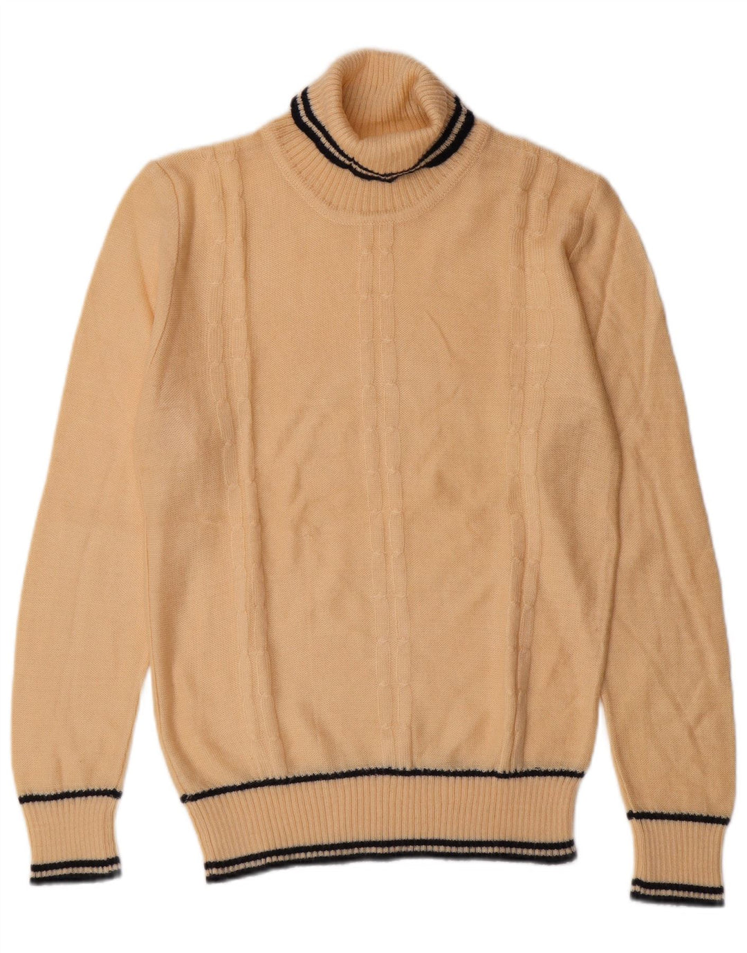 VINTAGE Homme Col Roulé Pull Pull Petit Beige Rayé Classique