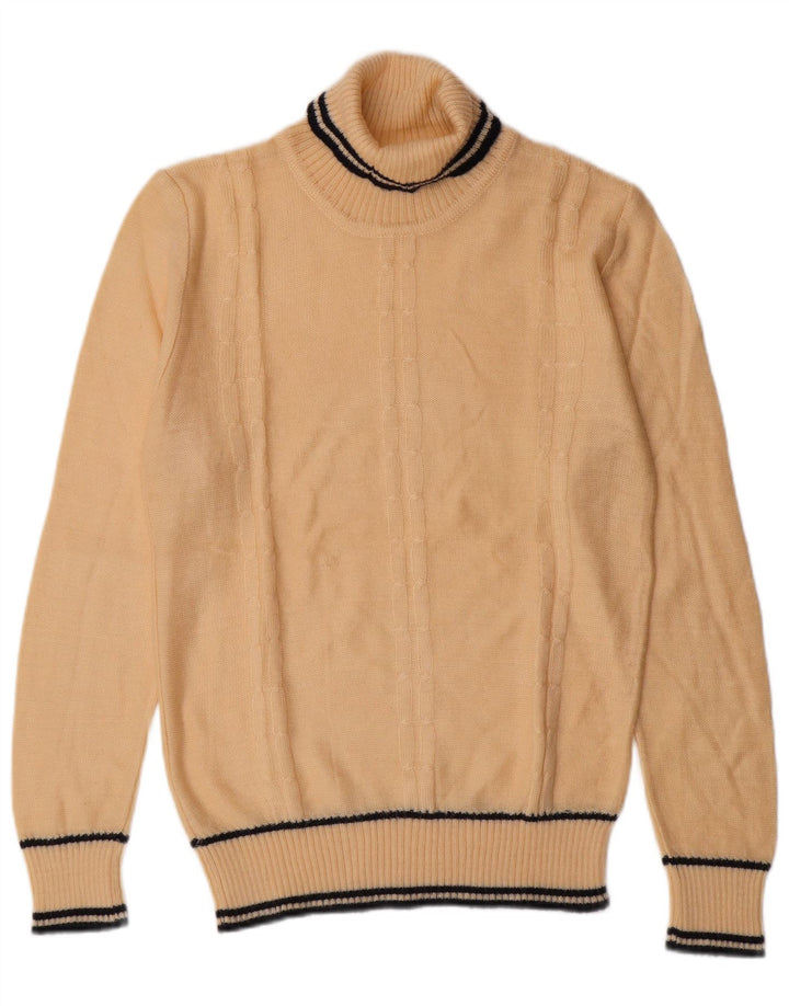 VINTAGE Homme Col Roulé Pull Pull Petit Beige Rayé Classique