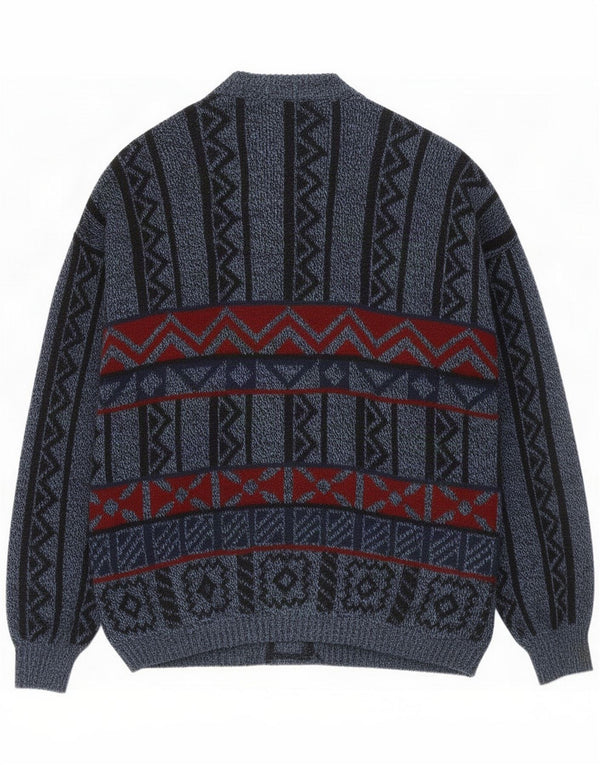 Vintage Mens Cardigan Sweater 2XL Bleu Géométrique Laine