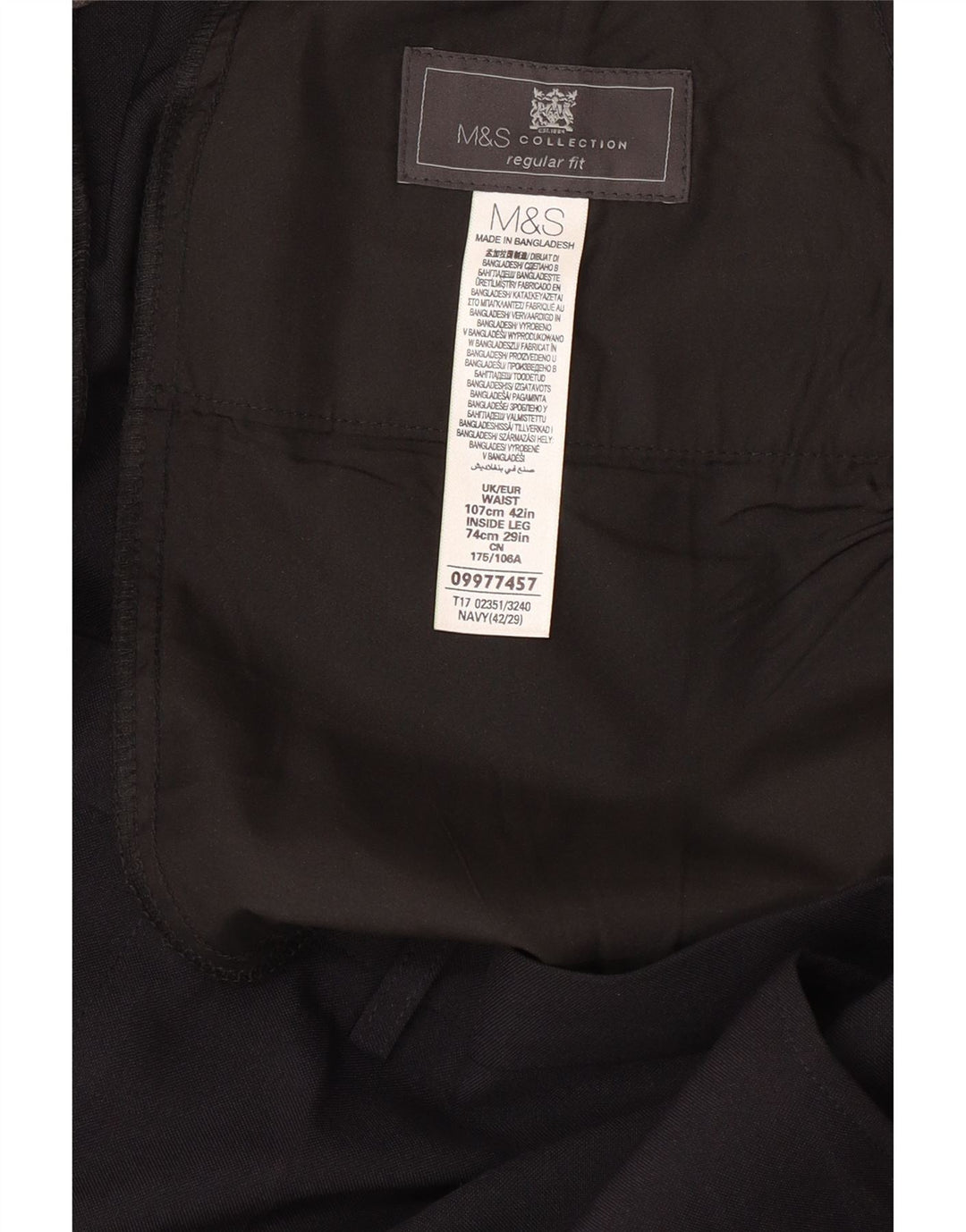 MARKS & SPENCER Pantalon de Costume Coupe Regular Homme W42 L29 Bleu Marine Polyester