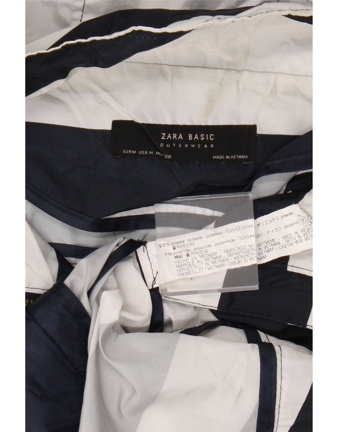 Zara Veste de pluie à capuche pour femme UK 14 Polyester rayé bleu marine moyen