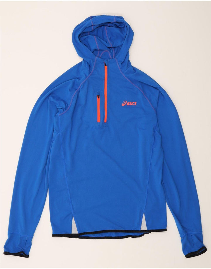 Asics Haut à capuche à col zippé et manches longues pour homme en polyester bleu moyen