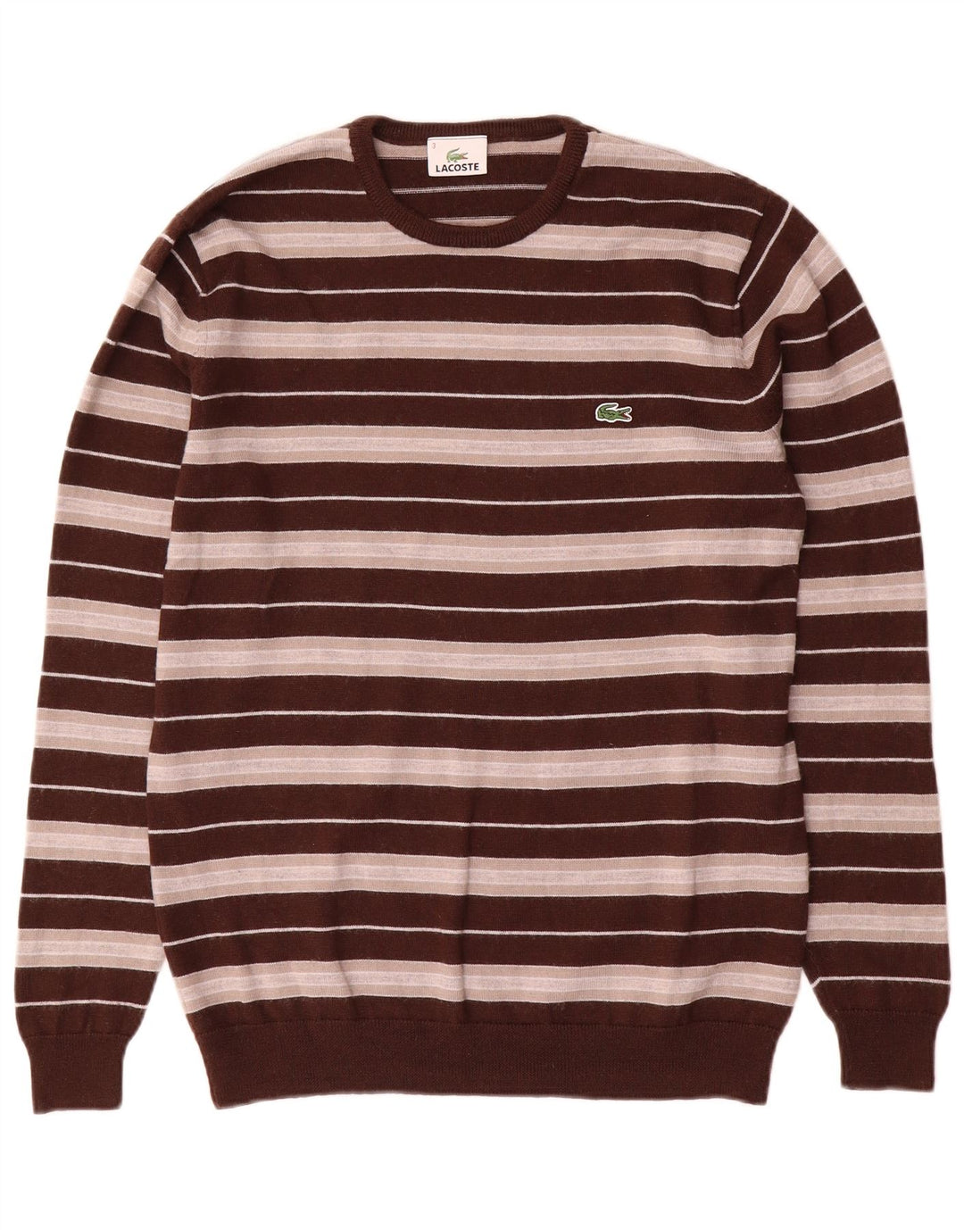 Lacoste Mens Crew Neck Jumper Sweater Taille 3 Petite laine rayée marron