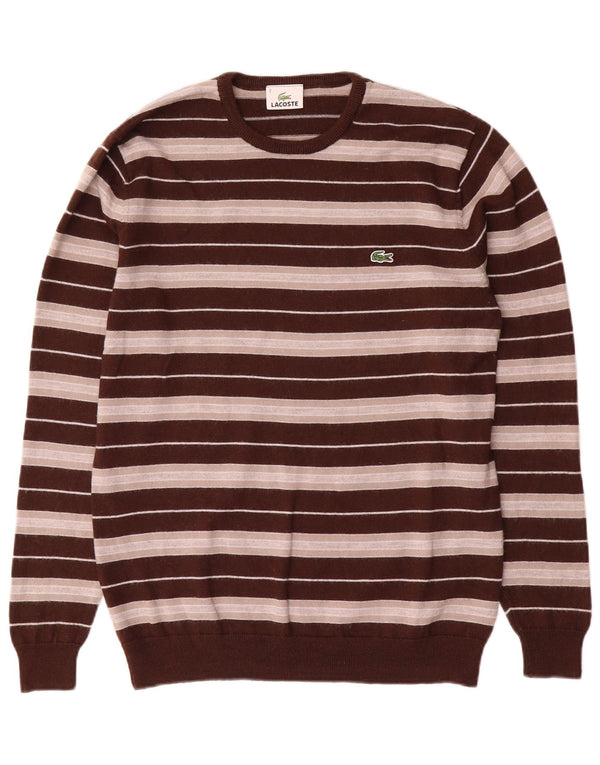 Lacoste Mens Crew Neck Jumper Sweater Taille 3 Petite laine rayée marron