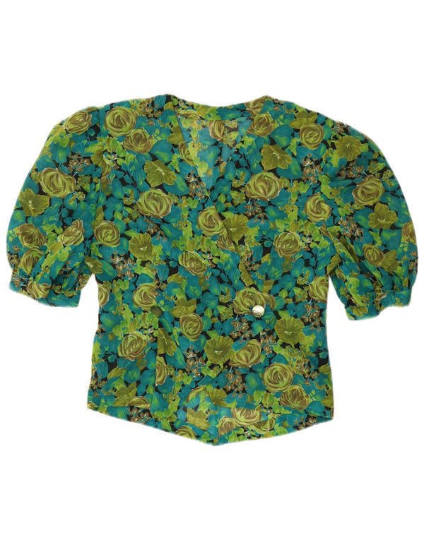 vintage Femme Chemise à manches courtes Blouse UK 8 Petit Vert Floral