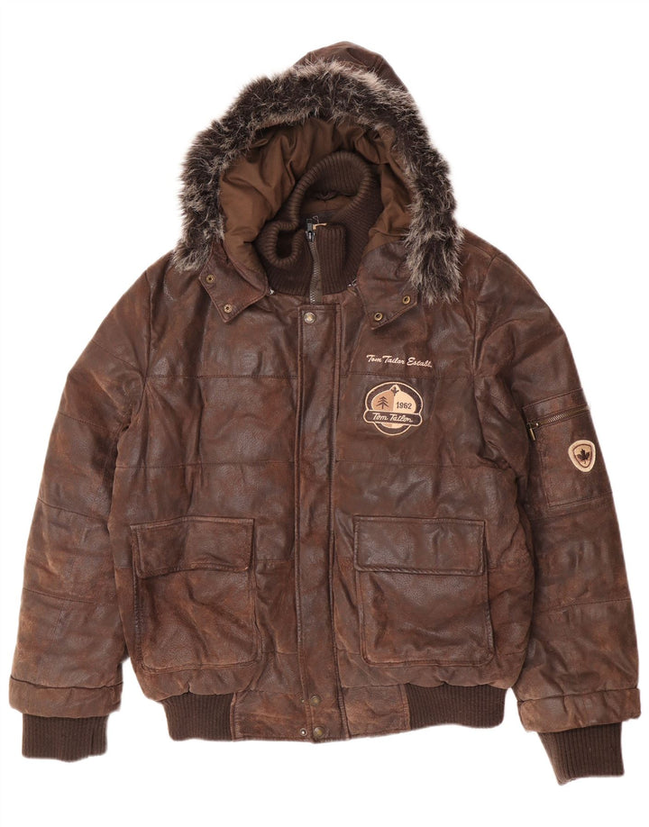 Tom Tailor Veste en cuir à capuche graphique pour homme UK 38 Cuir marron moyen